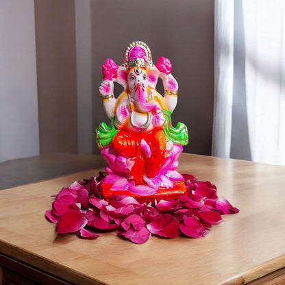 SAUDEEP INDIA 6 Inch Mitti Ganesh Idol | Eco-Friendly Handcrafted Mud/Clay Ganesh Murti | Ganpati Figurine for Visarjan | Biodegradable Lotus Ganesha Statue | Ganesh Chaturthi (Colored Mitti Ganesha)