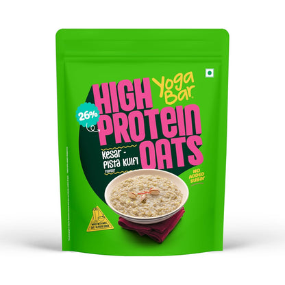Yogabar 26g High Protein Oats 1kg , Kesar Pista Kulfi - Breakfast Cereal with Wholegrains, 26% Protein & No added sugar - Oats High Protein for Gym- Premium Protein Blend with Whey Protein Powder - with Goodness of Chia, Sunflower & Pumpkin Seeds