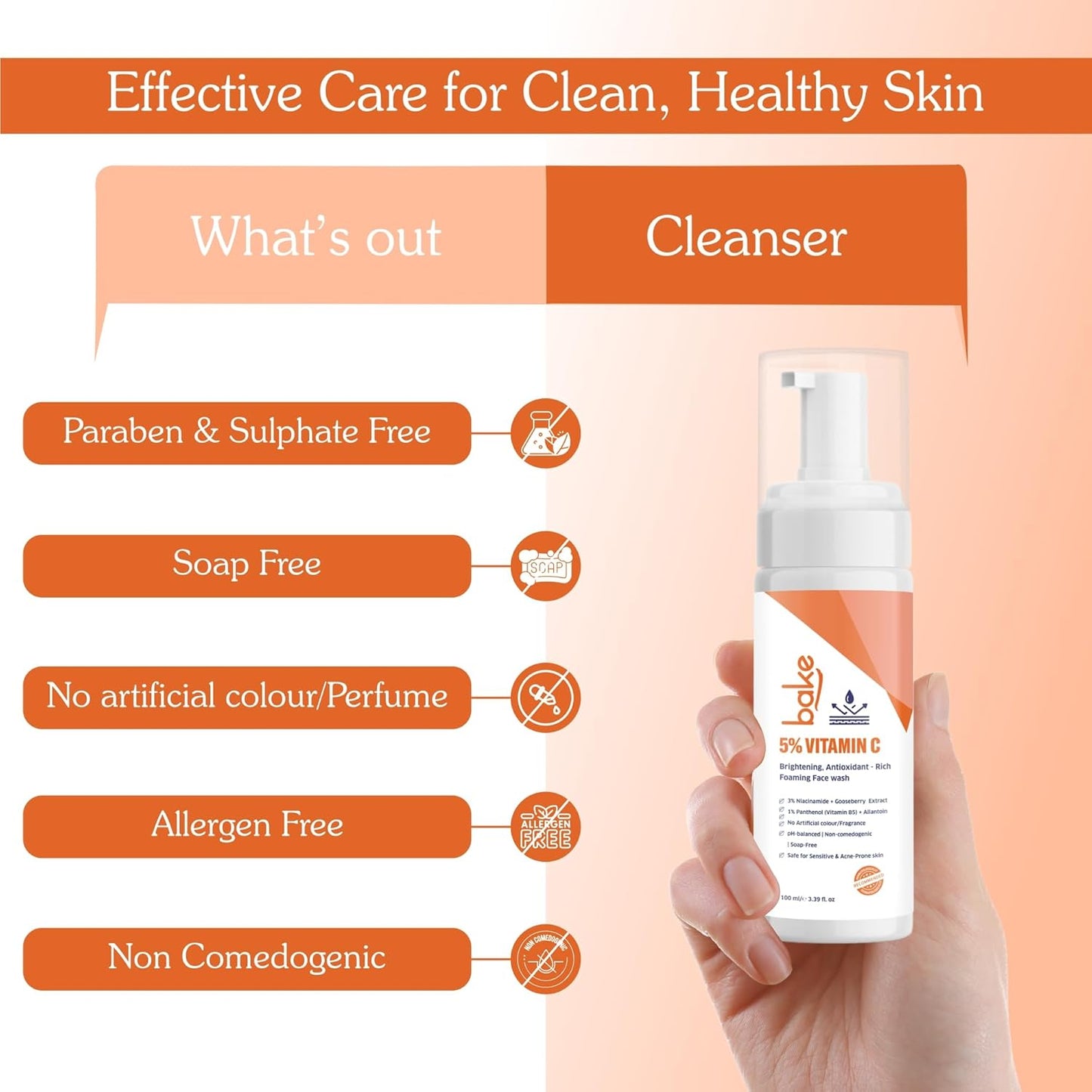 BAKE 5% Vitamin C Foaming Face Wash with Niacinamide | Brightening Face Wash for Pigmentation, Dark Spots & Uneven Skin Tone | Antioxidant Rich Cleanser for Dull, Normal to Oily Skin – 100ml