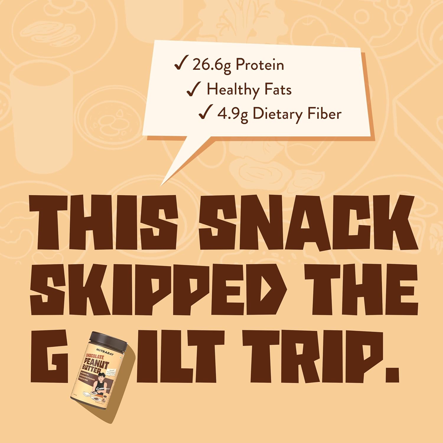 Peanut butter container with nutritional information and text on a beige background
