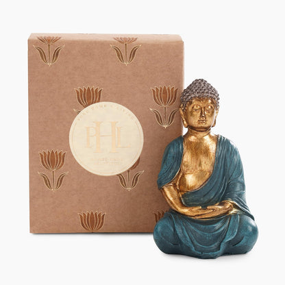 PURE HOME + LIVING Dark Blue Antique Gold Polyresin Sitting Buddha - Small Statue | for Office, Temple, Home Decor, Gifts, Mahavirjayanti & Living Room | Peaceful Buddha Sculpture (Pack of 1)