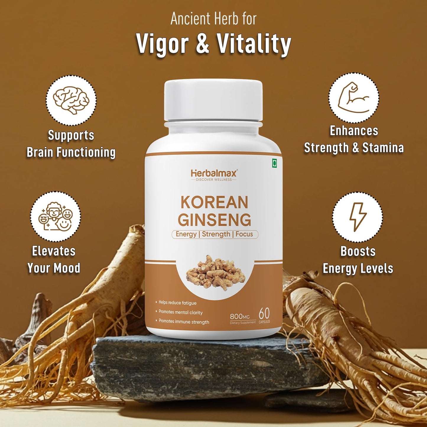 Herbalmax Korean Ginseng supplement bottle with ginseng roots on a brown background