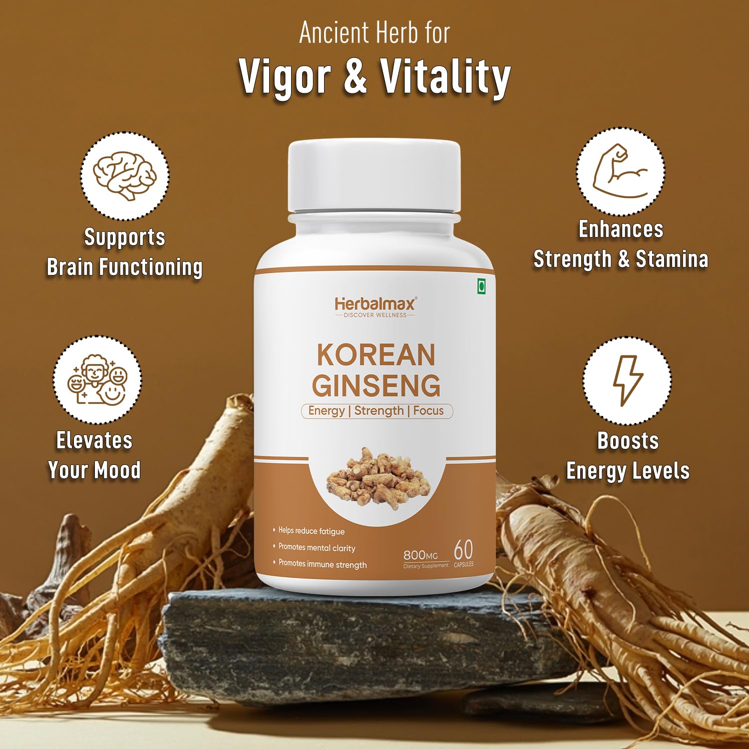 Herbalmax Korean Ginseng supplement bottle with ginseng roots on a brown background