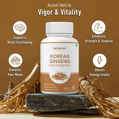 Herbalmax Korean Ginseng supplement bottle with ginseng roots on a brown background