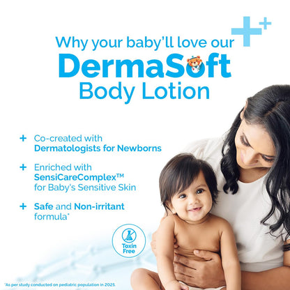 Mamaearth Baby DermaSoft Body Lotion with SensiCareComplex™ for Baby's Sensitive Skin - 250 ml | Co-created with Dermatologists for Newborns | Enriched with SensiCareComplex™ for Baby's Sensitive Skin | Safe and Non-irritant formula* | Fragrance-Free
