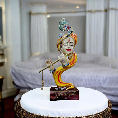 Decorative Krishna Statue with Flute, Resin and Marble, 34.5 cm Height, Religious Home Decor Krishna Showpiece for Home Decor Living Room