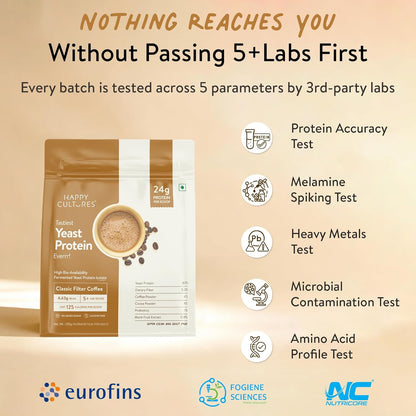 Happy Cultures 24g Tastiest Yeast Protein (Fermented) | Classic Filter Coffee | Higher Absorption than Whey Protein | Superior Muscle Recovery | Gut Friendly & Super Tasty | PDCAAS of 1 | No Added Sugar- 505g