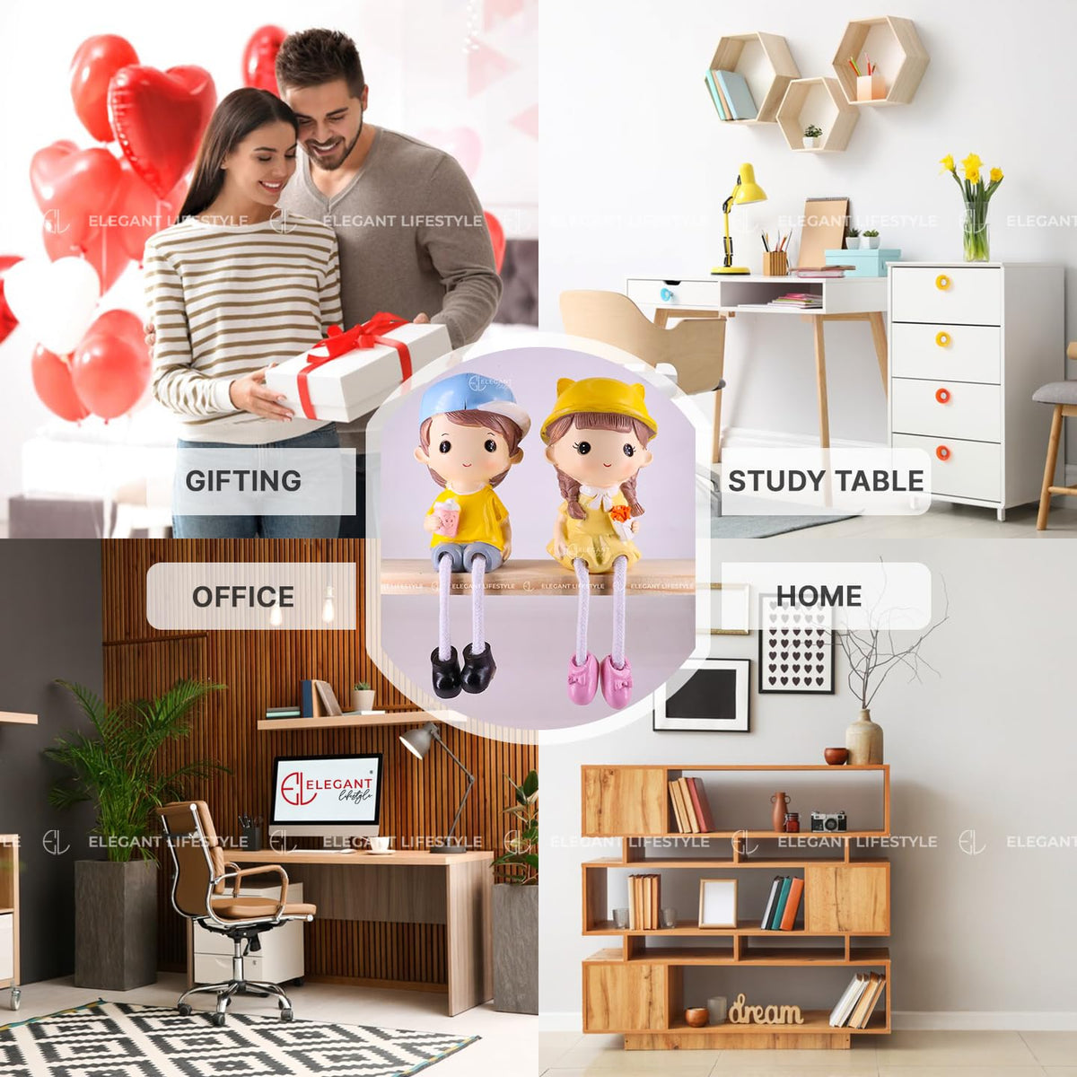 Kiss & Bouquet Gift Set Decorative Showpiece |Gift for him/her or Someone Special | Polyresin Couple Wearing Cute Caps Hanging Legs Showpiece - 2 Pcs Set