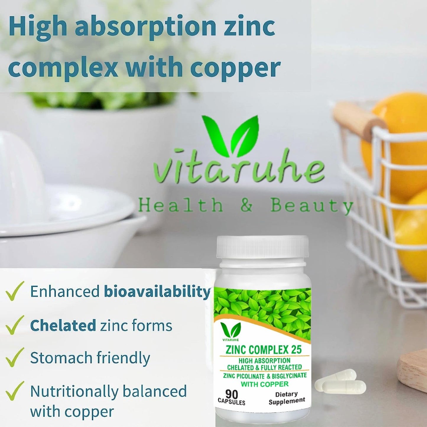 VITARUHE® Chelated Zinc Picolinate & Bisglycinate Complex with Copper, Zinc for Immune, Skin and Cellular Health, High Absorption, Non-GMO, 90 Capsules