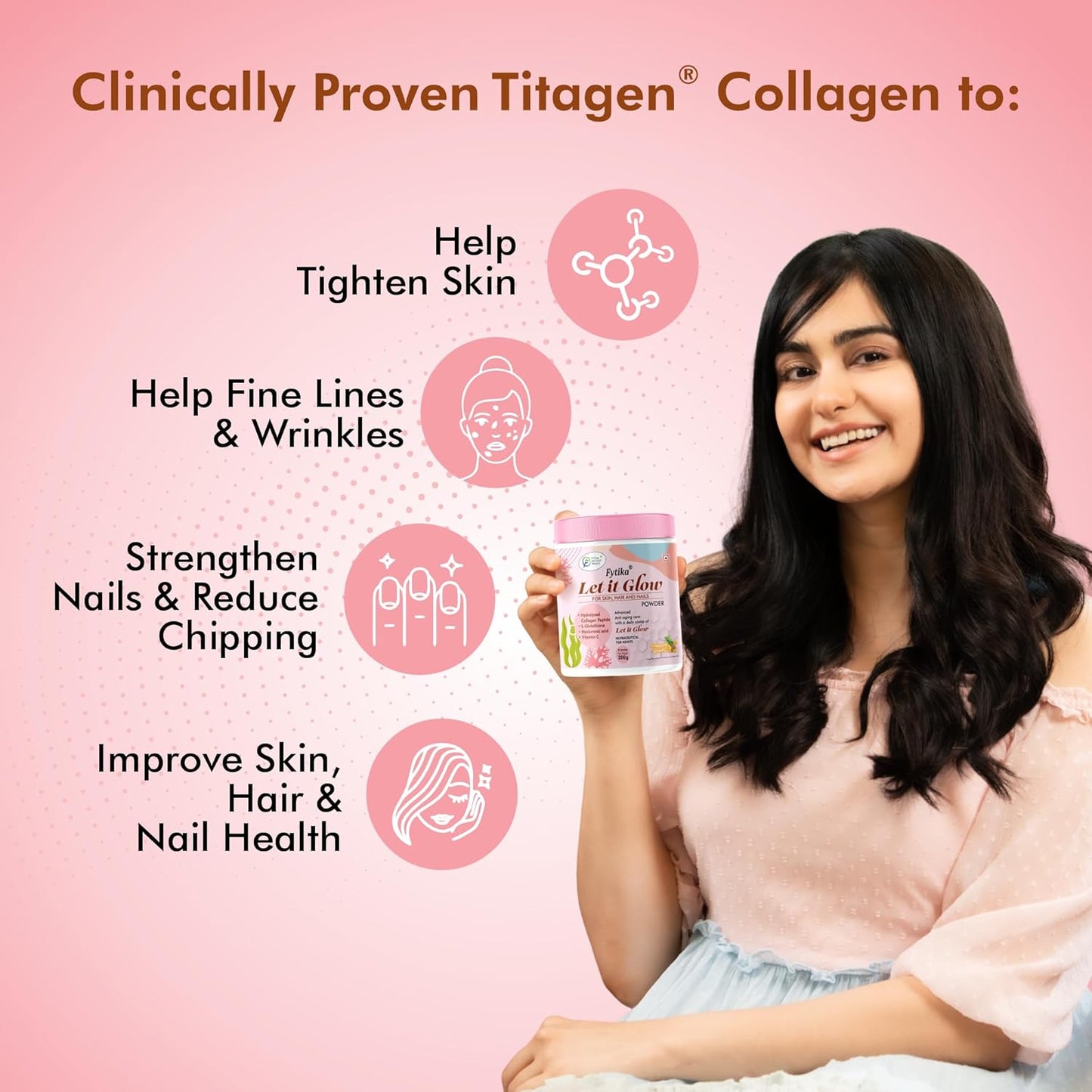 Woman holding a container of Titagen Collagen with product benefits on a pink background