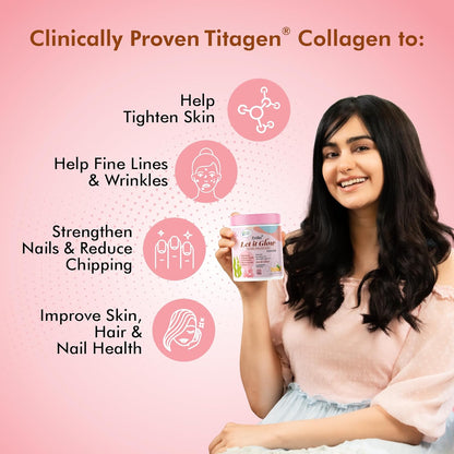 Woman holding a container of Titagen Collagen with product benefits on a pink background