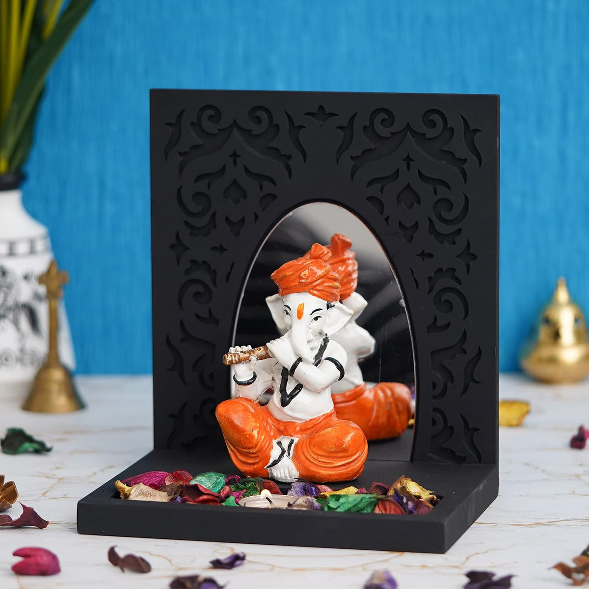 Orange White Resin Lord Ganesha Idol Playing Flute Showpiece Potpourri Tea Light Candle Holder| Ganpati Murti Tea Light Holder Diwali Decoration Items for Home Decor Office| Diwali Gift