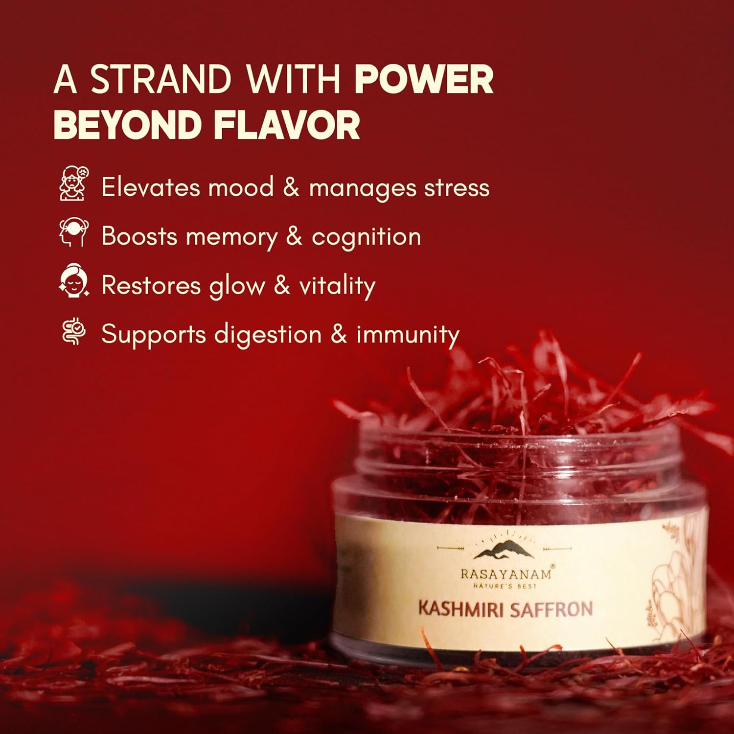 Jar of Kashmiri saffron with text highlighting its benefits on a red background