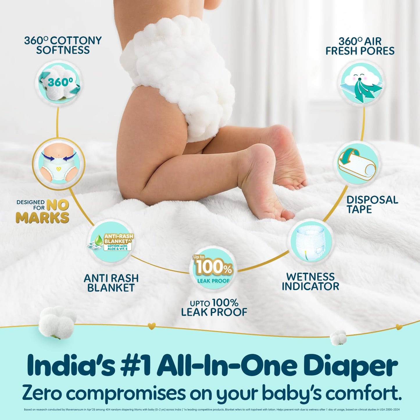 Pampers Premium Care Pant Style Baby Diapers M 54 Count | No Marks Design | Voted World #1 Softest Diaper | All in 1 diaper with 360 Cottony Softness