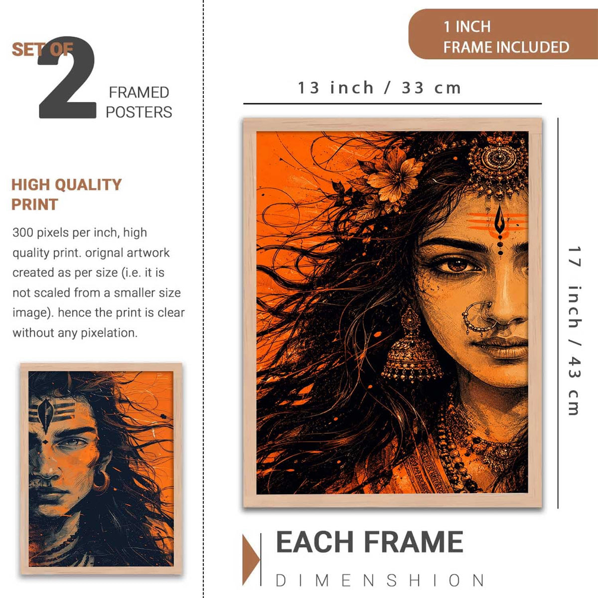 Set of 2 Framed Wall Art Prints, Premium HD Modern Wall Decor for Living Room, Bedroom, Office & Home, Abstract, Spiritual, Floral, Nature, Botanical & Boho Artwork, Ready to Hang (Shiv parwati 1, 13X19, Brown)