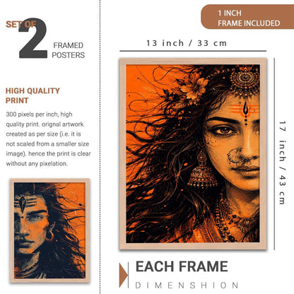 Set of 2 Framed Wall Art Prints, Premium HD Modern Wall Decor for Living Room, Bedroom, Office & Home, Abstract, Spiritual, Floral, Nature, Botanical & Boho Artwork, Ready to Hang (Shiv parwati 1, 13X19, Brown)