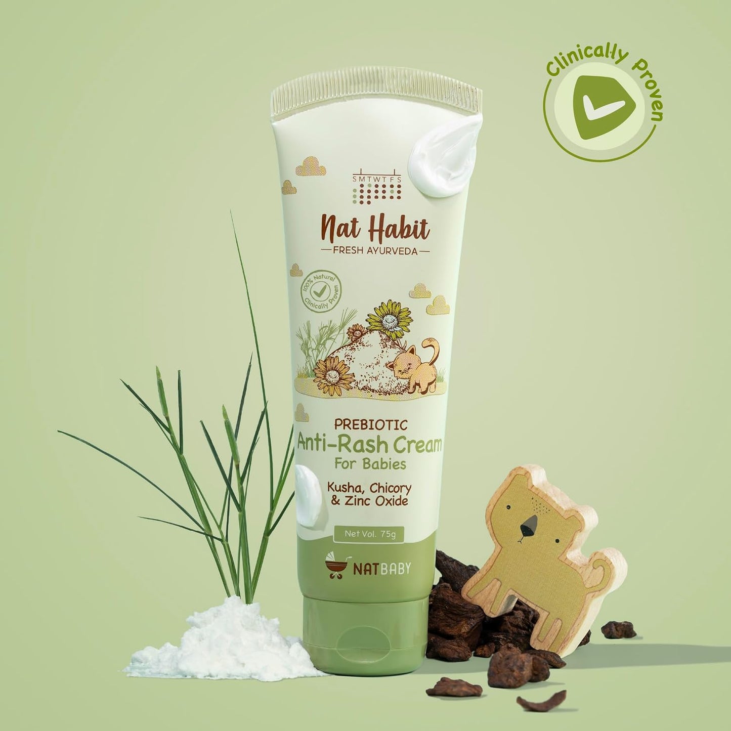 Nat Habit Diaper Rash Cream for Baby with Kusha, Coconut Oil & Zinc Oxide | Anti Rash Cream for Newborns & Infants | Soothes, Heals & Protects | Natural, Chemical-Free Baby Rash Cream, 75g