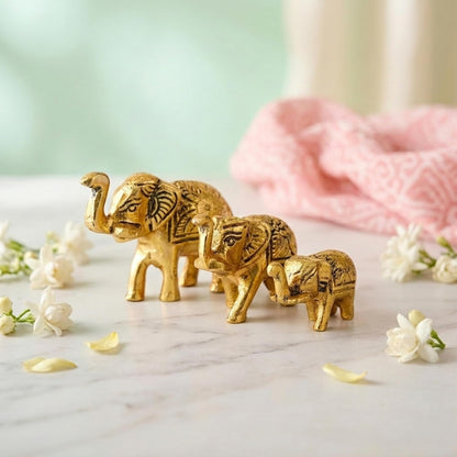 eCraftIndia Set of 3 Golden Metal Elephant Statues for Good Luck| Animal Figurines Decorative Elephant Showpieces| Elephant Decorative Items for Home Living Room Office| Gift for Diwali Housewarming