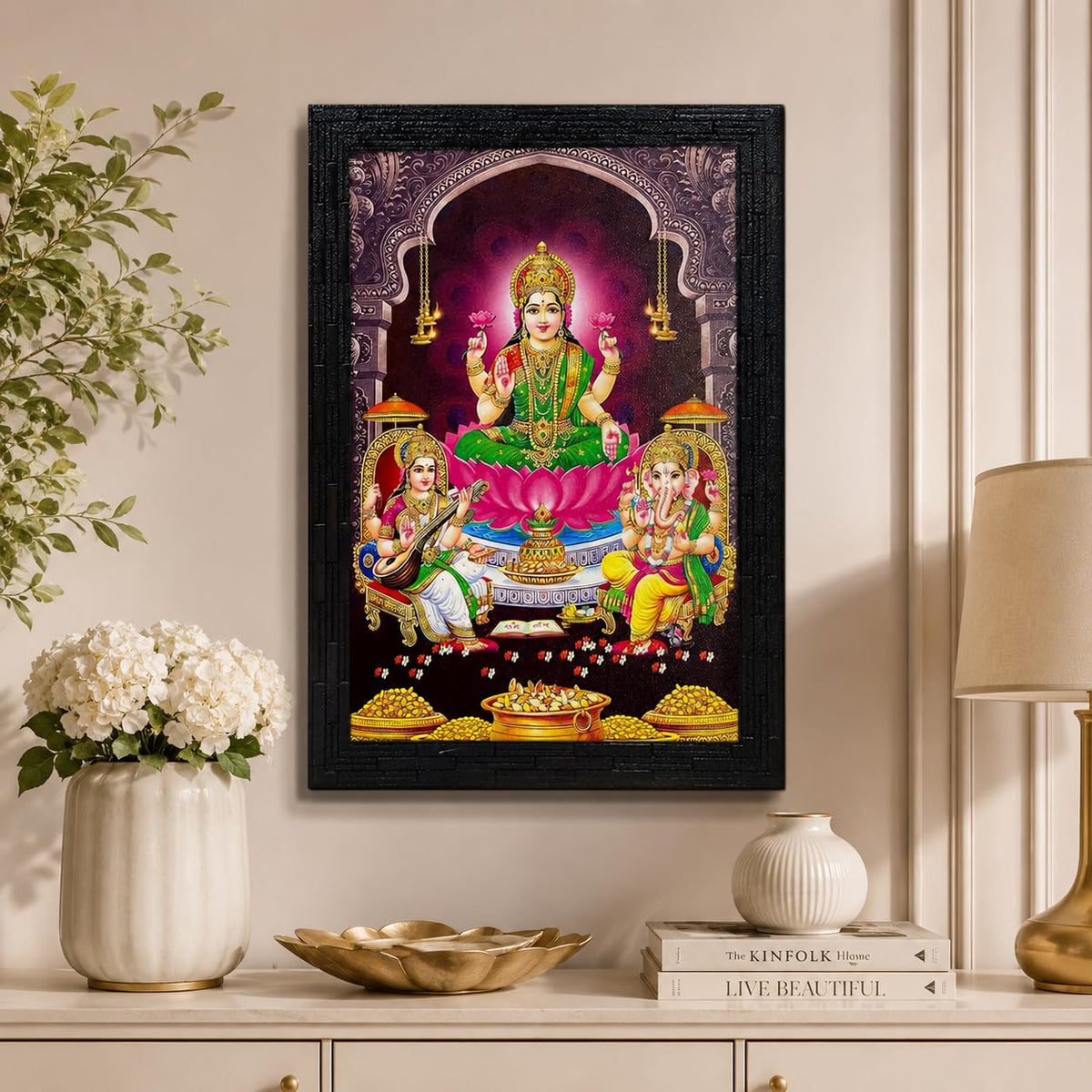 Lakshmi With Ganesha and Saraswati Photo Painting with Wooden Frame Black for Temple - (14 x 12 Inches)