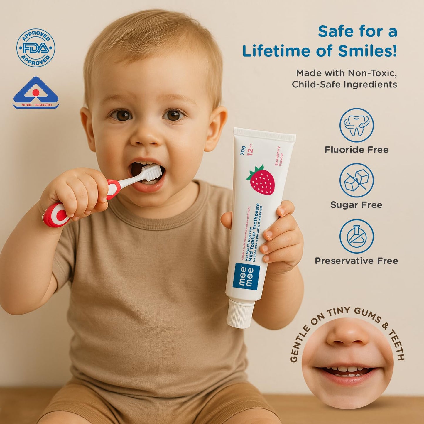 Mee Mee Kids Toothbrush & Toothpaste Combo | For Babies & Toddlers (6 Months–3 Years) | Fluoride-Free, Safe to Swallow, Strawberry Flavour, Soft Bristles, Foldable Car-Shaped Brush (Red)