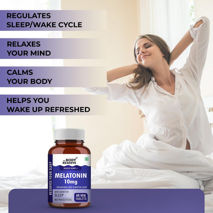 Woman stretching in bed with a bottle of Body Reserve Melatonin 10mg supplement.