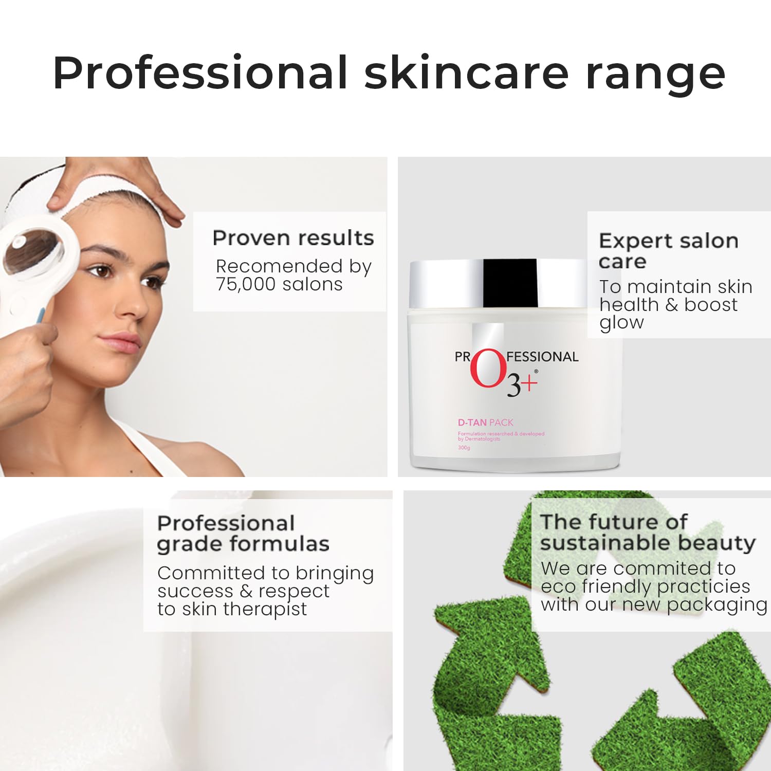 Advertisement for a professional skincare range with text and product images.