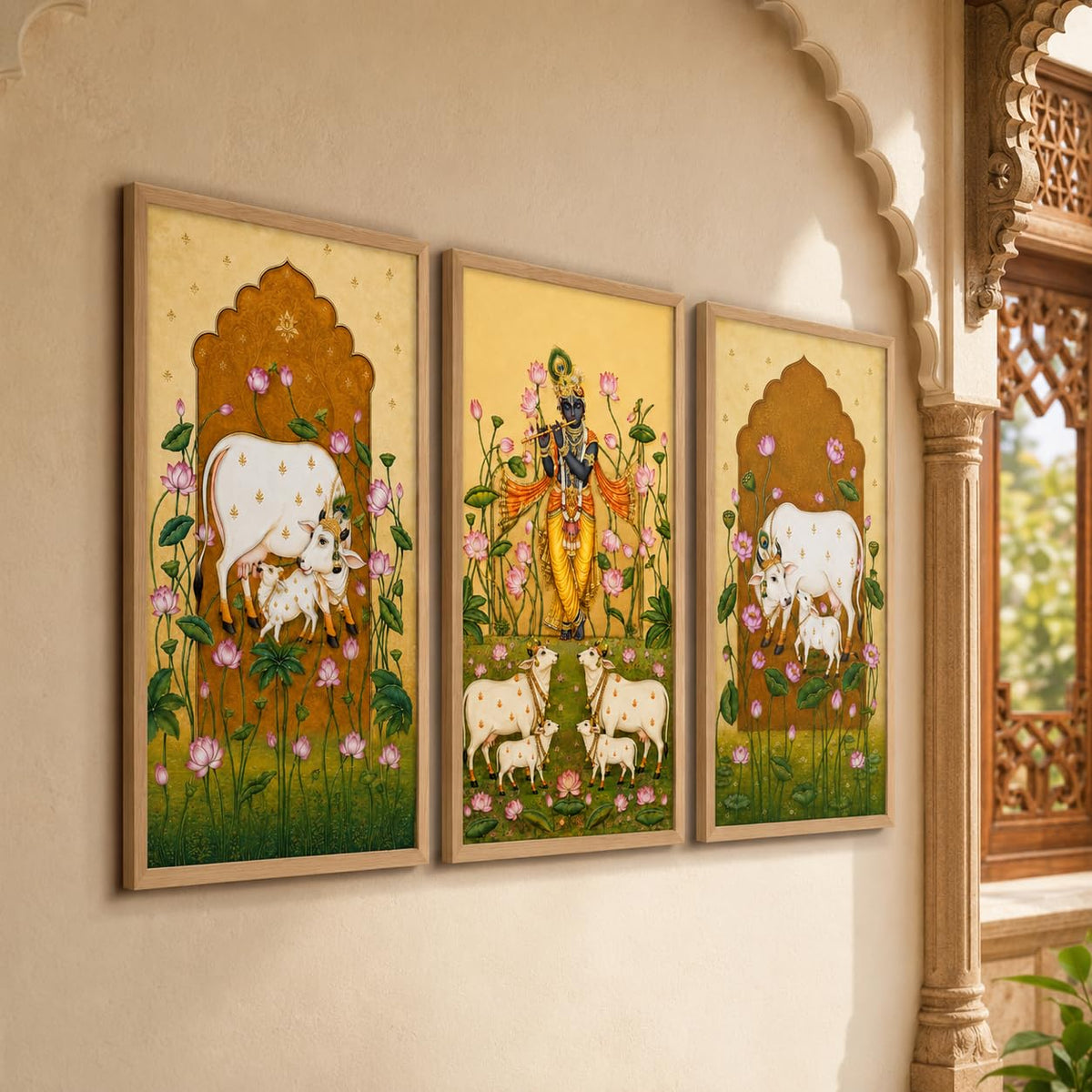 Set of 3 Krishna Cow Lotus Pichwai Wall Paintings with Sparkle Laminate, Premium Wooden Synthetic Frame, Religious Art for Living Room Pooja Temple Decor