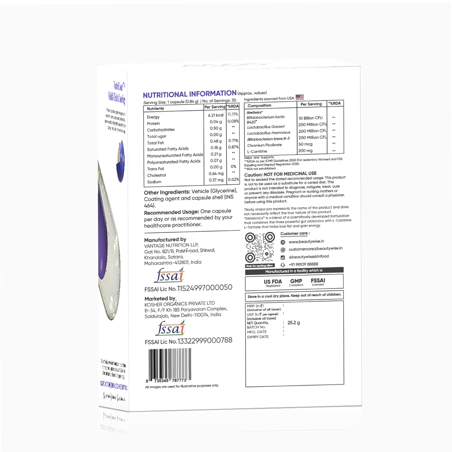Back label of a supplement container with nutritional information and branding.