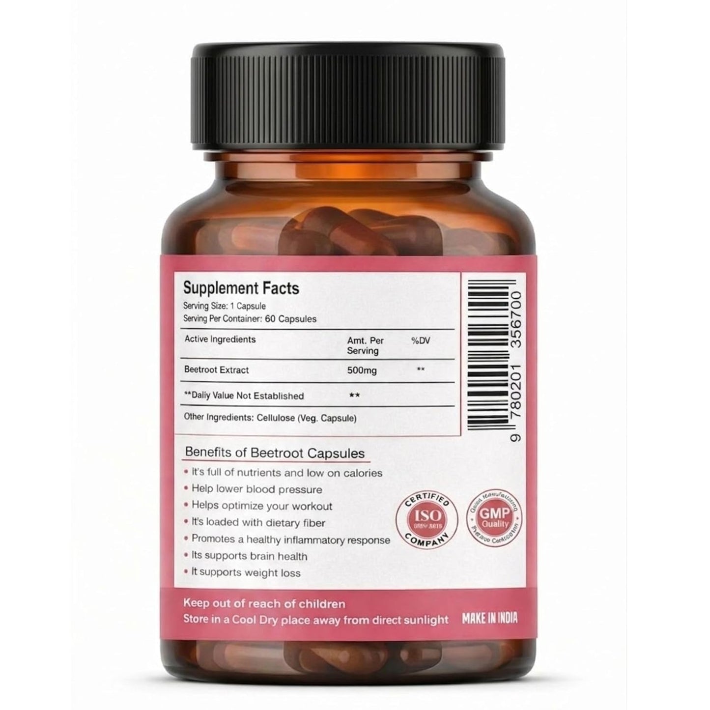 Bottle of beetroot capsules with supplement facts label on a white background