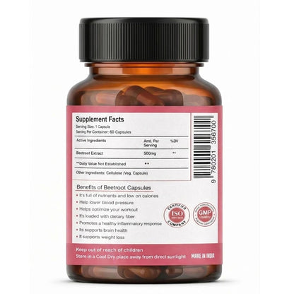 Bottle of beetroot capsules with supplement facts label on a white background