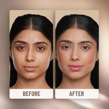 Before and after comparison of a woman's face with makeup application.