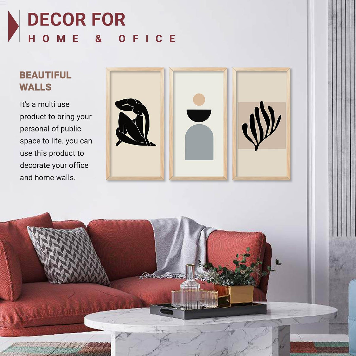 Boho Decorative Modern Wall Art Print With Frame Abstract Paintings For Living Room Bed Room Hotel Wall Decor Digital Reprint Engineered Wood Set of 3 (Art 9, 10x19 inch)