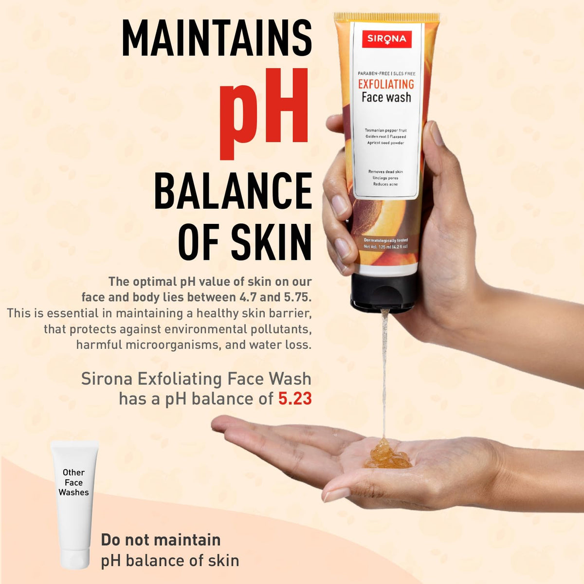 Sirona Exfoliating Face Wash being dispensed into a hand with text about pH balance.