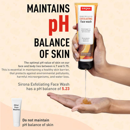 Sirona Exfoliating Face Wash being dispensed into a hand with text about pH balance.