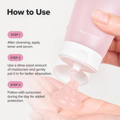Step-by-step guide on how to use skincare products with a close-up of a hand holding a pink bottle.