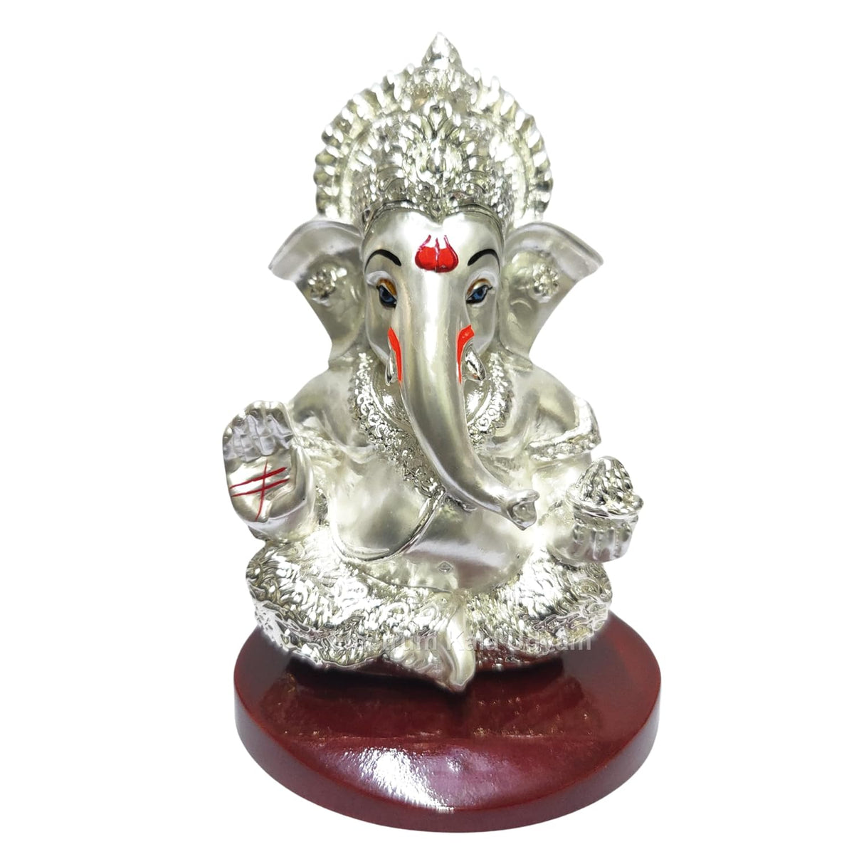 Handcrafted Poly Resin Ganesha Statue with Base - Perfect for Car Dashboard, Office Desk, Shelves, and Home Decor - Ideal Housewarming Gift! (MUKUTSILVEREMERYMDF)