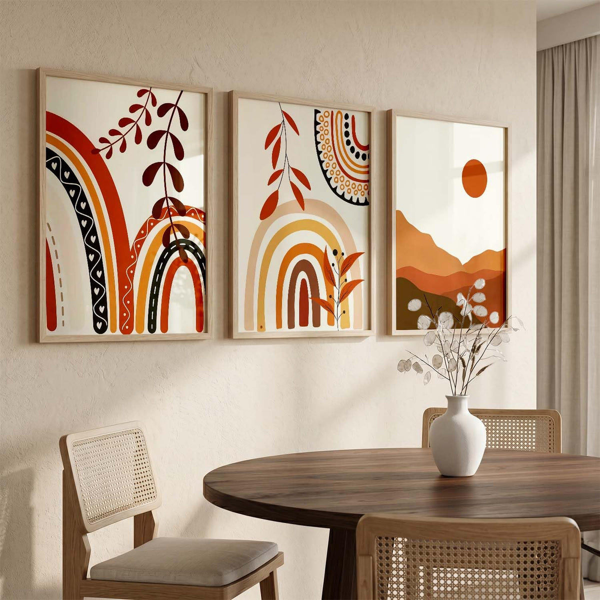 Home Decor Boho Painting Decorative Wall Art poster With Frame For Living Room Bed Room Hotel Wall Decor Digital Reprint Set of 3 (13X17 inch)