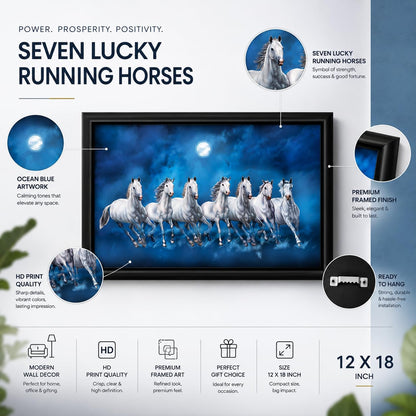 Seven Lucky Running Vastu Horses Art Framed Painting (Ocean Blue, 12 Inch x 18 Inch)