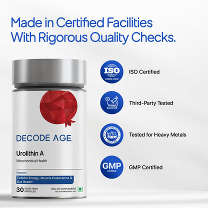 Supplement bottle labeled 'Decode Age' with certification logos on a white background