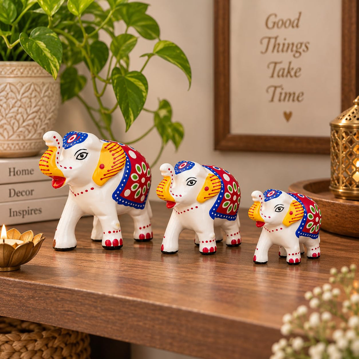 eCraftIndia Set of 3 Elephant Statues for Good Luck| Animal Figurines Decorative Elephant Showpieces| Elephant Decorative Items for Home Living Room Office| Gift for Diwali Birthday Housewarming