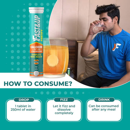 Person drinking a supplement with instructions on consumption displayed.
