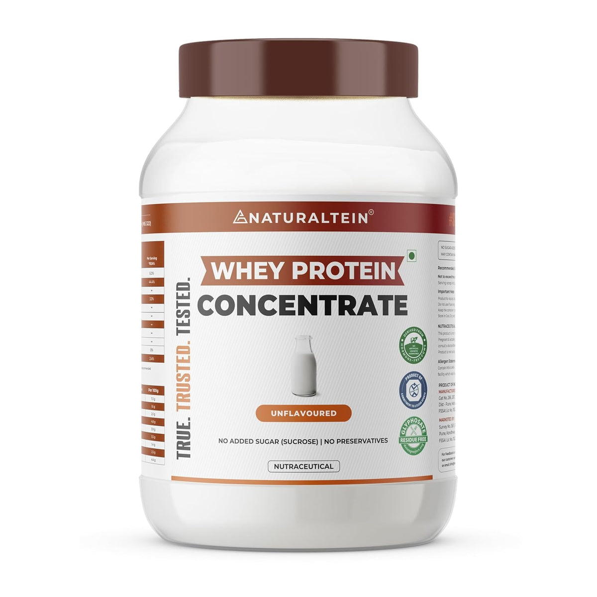 White container of Naturaltein whey protein concentrate on a white background