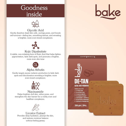 BAKE De-Tan Scrub Treatment Coffee Soap (200Gms Pack of 2) | Ultra Pigmentation Soap for Tan Removal | With 2% Kojic Acid, 1% Glycolic Acid, 1% Alpha Arbutin | | For Pigmentation, Dark Spots & Tan Removal | For Women & Men | 100g x 2