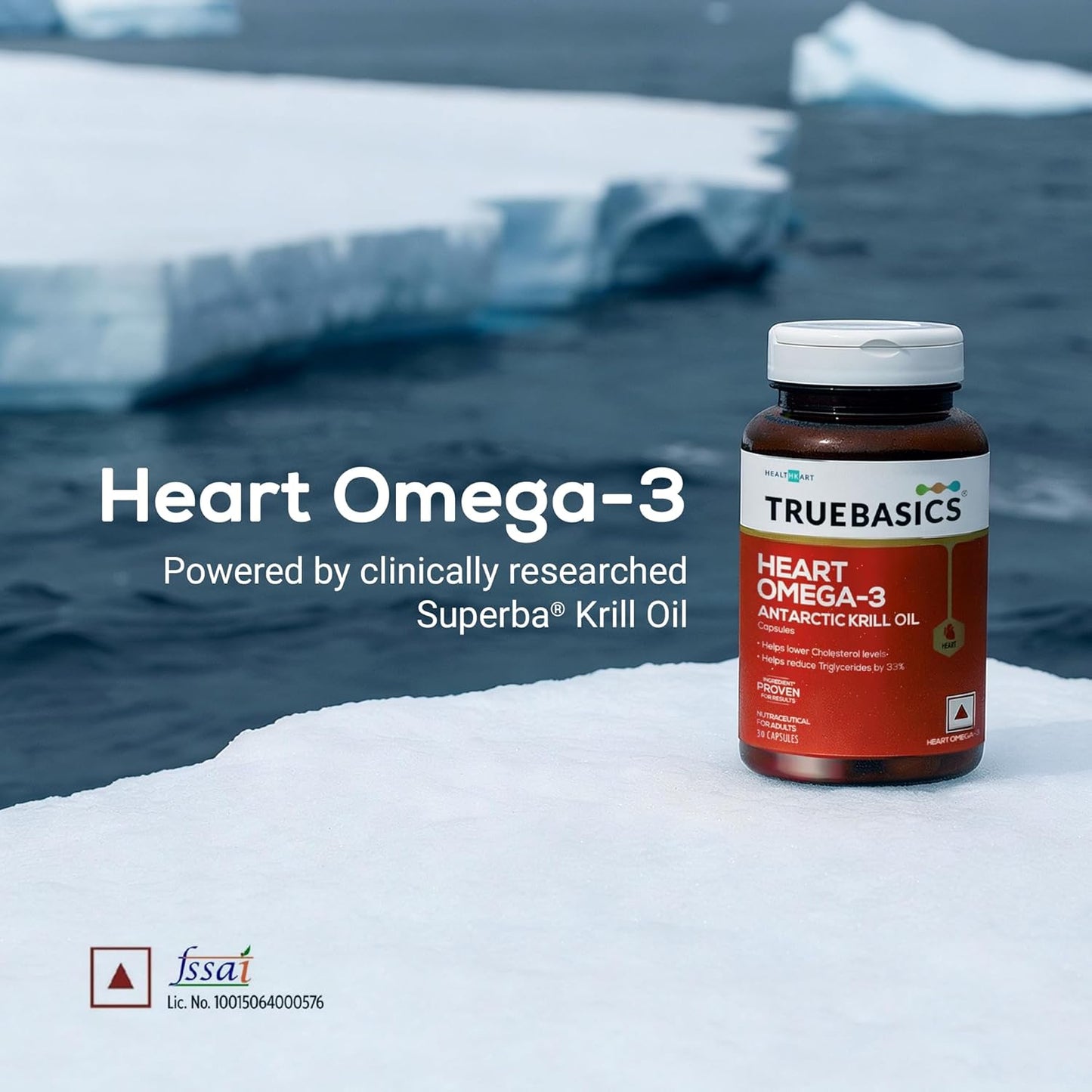 TrueBasics Heart Omega 3 Antarctic Krill Oil (30 Capsules)|With Clinically Researched 100% Pure Krill Oil|For Healthy Heart,Reduces Cholesterol & Triglycerides,1 Count