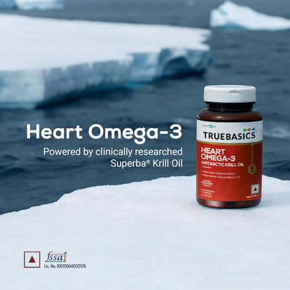 TrueBasics Heart Omega 3 Antarctic Krill Oil (30 Capsules)|With Clinically Researched 100% Pure Krill Oil|For Healthy Heart,Reduces Cholesterol & Triglycerides,1 Count