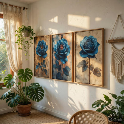 Blue Rose Floral Wall Painting Set of 3 with Wooden Frames | Elegant Botanical Flower Artwork HD Sparkle Laminated MDF Wall Decor | Modern Rose Wall Art for Living Room Bedroom
