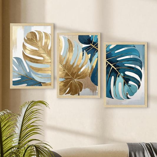 Leaf Paintings For Wall Decoration, Home Decor Wall Art, Hotel Wall Painting for Living Room, Multicolor, Natural Wood Color Frames, 12x18 inch, Set of 3