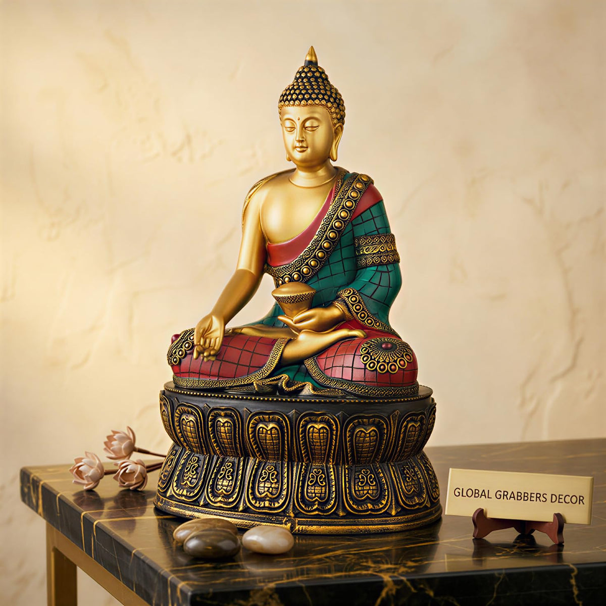 Buddha Statue Showpiece Idol Home Decor Items for Living Room and Gifts (Golden RED Blue)