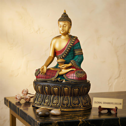 Buddha Statue Showpiece Idol Home Decor Items for Living Room and Gifts (Golden RED Blue)