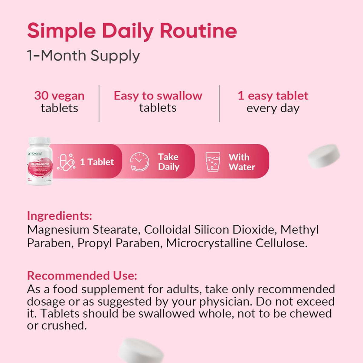 Vegan supplement tablets with packaging and information on a pink background